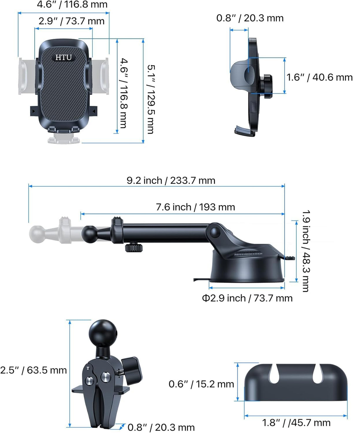HTU Car Phone Holder【2026 Upgraded 100+LBS Suction & Safety Cert】 Cell Phone Car Mount for Truck Heavy Duty Phone Holder for Dashboard/Windshield/Vent for iPhone 17 16 Pro Max, Dark Black