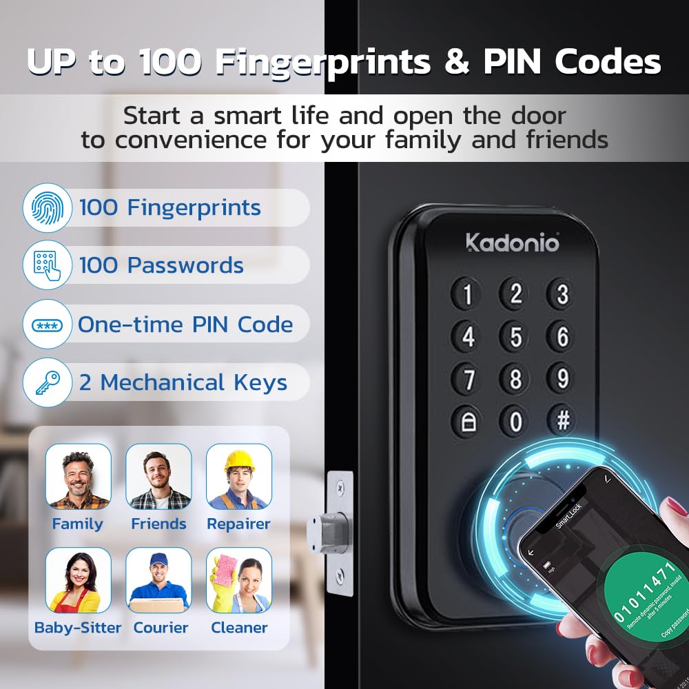 Keyless Entry Smart Lock, Fingerprint Deadbolt with App Control, Auto Lock, IP56 Weatherproof, 8-Month Battery, Easy Installation, Matte Black