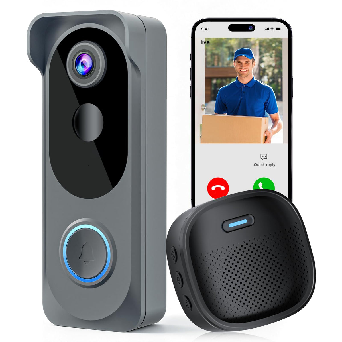 Doorbell Camera Wireless No subscription Required, 2K HD Battery Powered Smart Video Doorbell with Chime, Wide Angle, Motion Alerts&Two‑Way Talk, Night Vision, Compatible with Alexa ,2.4G WIFI Only