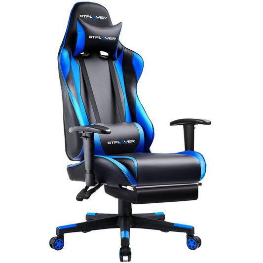 GTPLAYER Gaming Chair with Footrest, Ergonomic Computer Game Desk Chair, Reclining Gamer Chair Seat Height Adjustment, Swivel Rocker with Headrest and Lumbar (Blue)