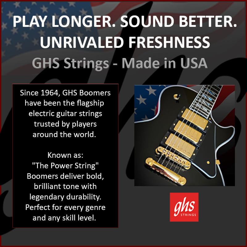 GHS Strings, GBXL Boomers, Nickel Plated Steel Electric Guitar Strings, Legendary Strength, Consistent Intonation, Long Lasting Brightness, Tone & Sustain. For 6-String Guitar, 9-42 XLT Gauge, 6 Pack
