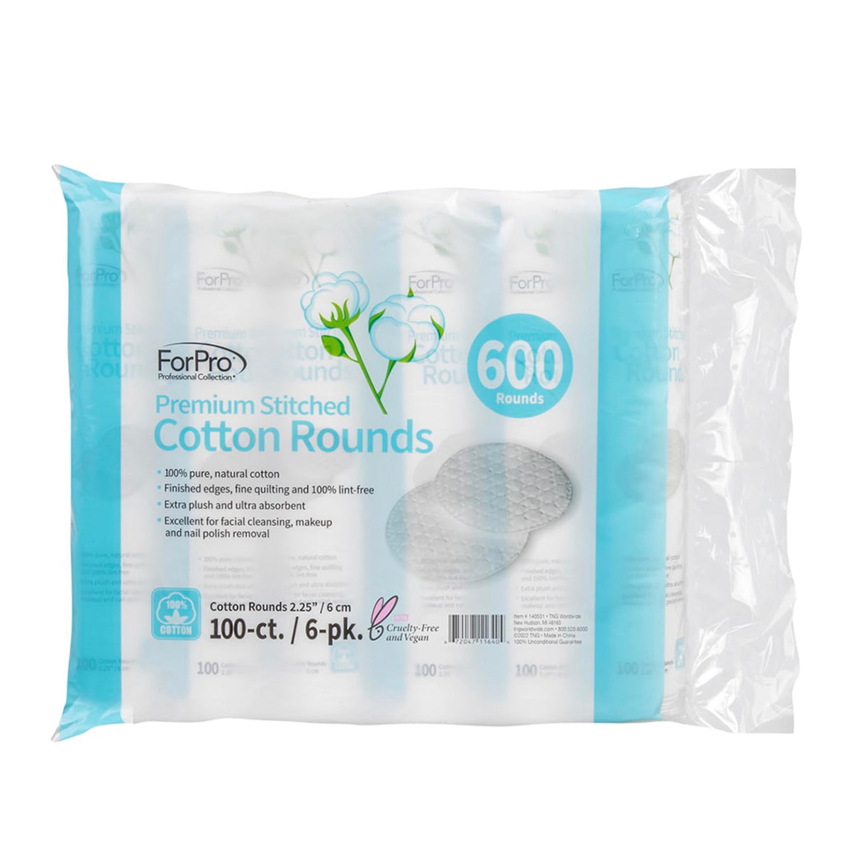 ForPro Professional Collection ForPro Premium Stitched Cotton Rounds, 100% Pure Cotton Pads for Removing Makeup, Nail Polish, and Cleansing Face, Pack of 6, Counts 600