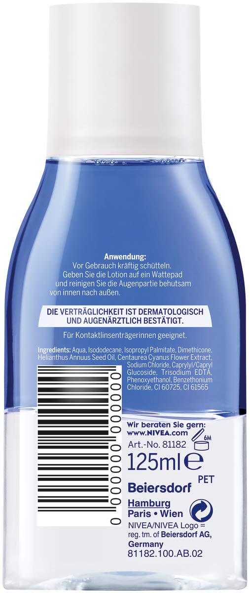 NIVEA Gentle Two‑Phase Eye & Makeup Remover – Single Bottle, Bi‑Phase Formula Quickly Dissolves Stubborn & Waterproof Makeup, Ophthalmologist Tested, Safe for Sensitive Eyes, 4.23 fl oz
