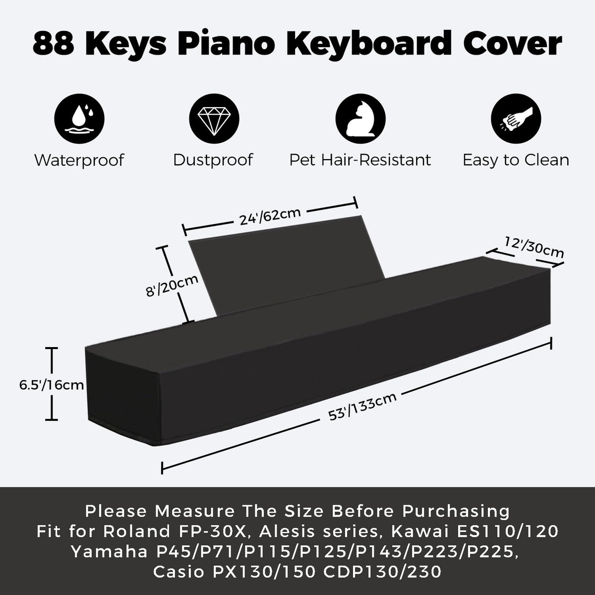 Uieleir 88 Keys Piano Keyboard Cover-Waterproof, Dustproof & Pet Hair Resistant– Premium Soft Thick Fabric, Easy Clean, Seamless & Elegant Digital Piano Protector for Home & Studio Use (Black)