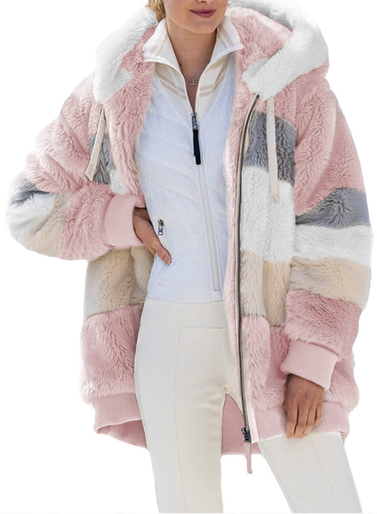 Dokotoo Winter Clothing for Women Color Block Patchwork Casual Fuzzy Warm Fleece Sherpa Jackets with Hooded Fall Open Front Oversized Cardigans Zipper Coats for Women Pocketed Outerwear Pink 2XL