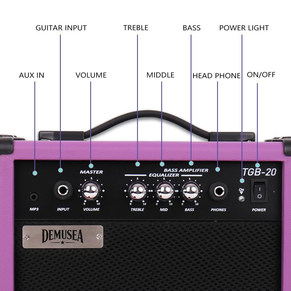Demusea Electric Bass Guitar Amplifier Purple Color 20W Portable Beginner StarterPractice Amp 3.5Mp3 Volume Treble Middle Bass Headphone Jack Home and Outside (Purple Bass)