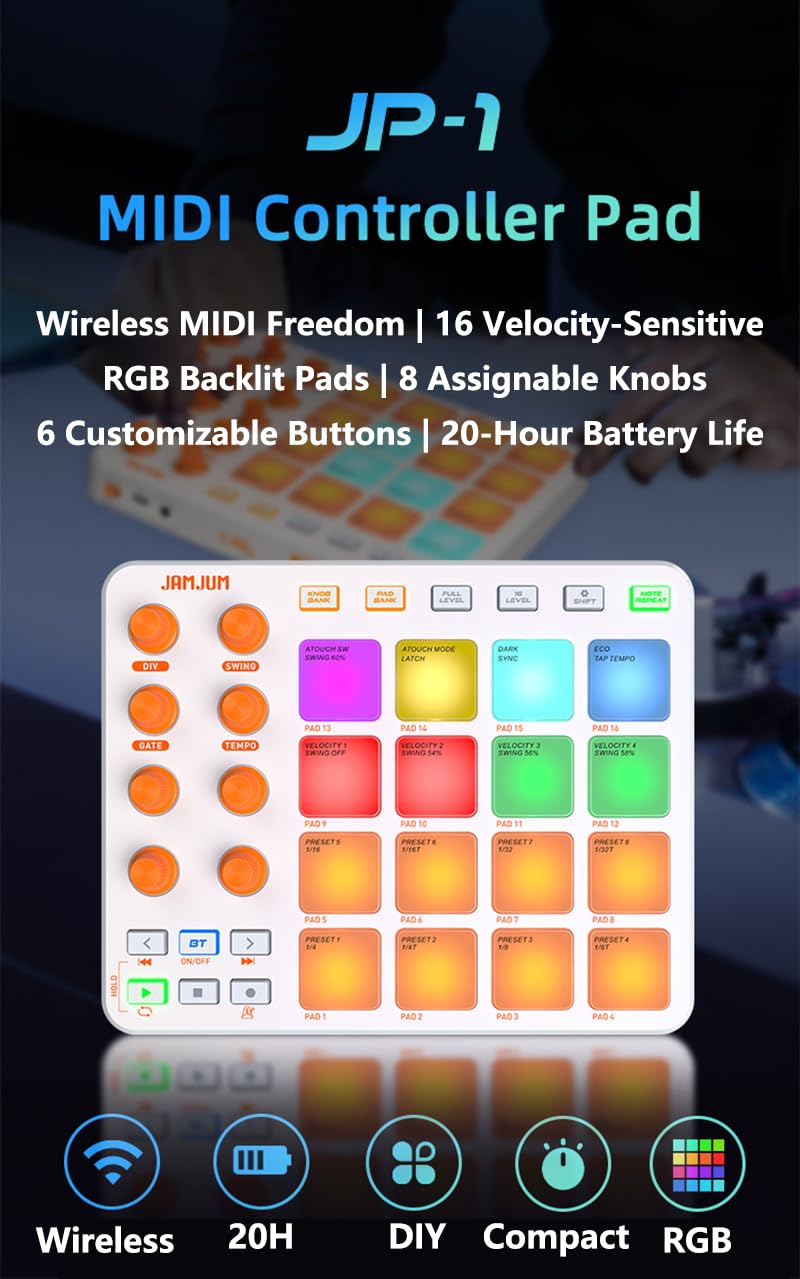 Wireless MIDI Controller Pads, Bluetooth Portable USB with 16 Drum 8 Assignable Knobs & 6 Customizable Buttons, Wireless MIDI Beat Maker