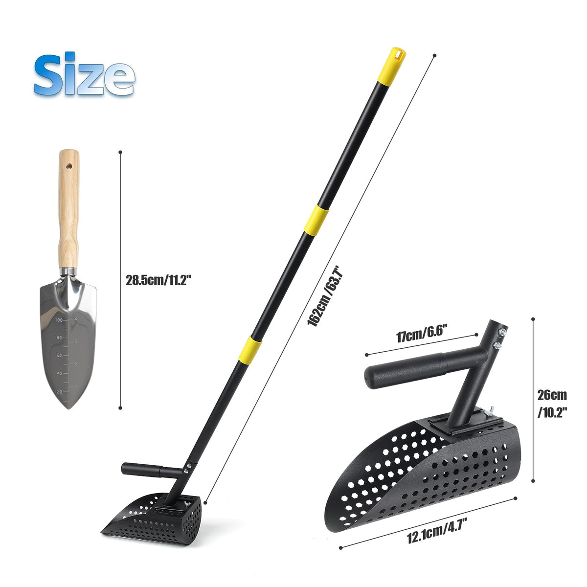 Sand Scoop for Metal Detecting, Long Handle with Shovel Metal Detector for Beach, Stainless Steel Sand Sifter Shovel for Underwater Hunting, Black