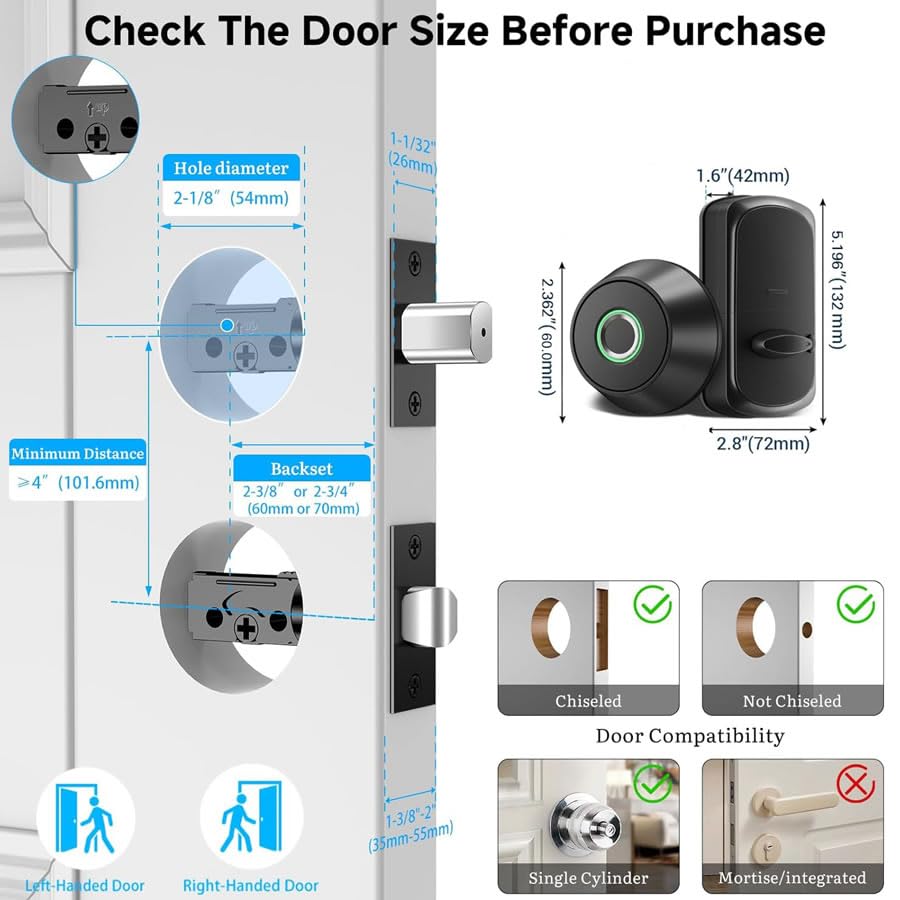 Fingerprint Keyless Entry Door Lock,Smart Deadbolt Locks with App Countrol,Biometric Door Lock with 2 Keys,10 Months Battery,Auto-Lock,One-Touch Lock,Easy Install,Deadbolt Alternative,IP66 Waterproof