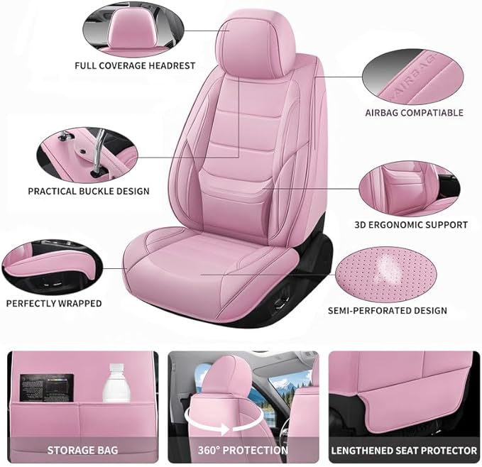 Car Seat Covers Full Set Custom Fit for Ford Fusion 2007-2020 - Premium Leather with Lumbar Support, Breathable, Anti-Slip & Excellent Seating Experience (Pink, Full Set)