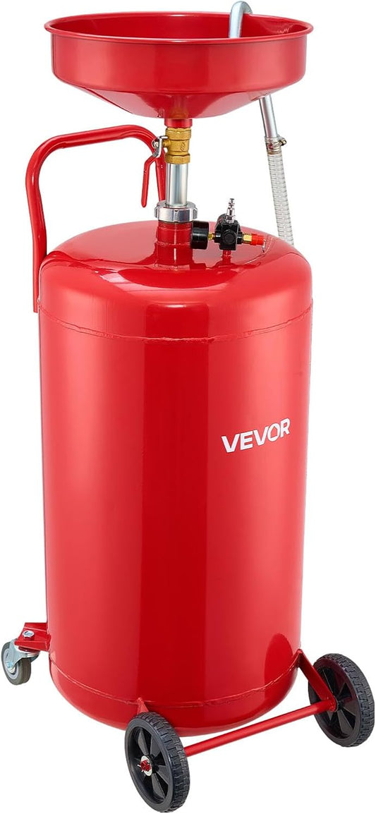 VEVOR 25 Gallon Waste Oil Drain Tank, Air Operated Portable Oil Drainer with Adjustable Funnel Height, Industrial Fluid Drain Tank with Wheels, Fluid Fuel Transfer Drainage for Auto Repair Shops, Red