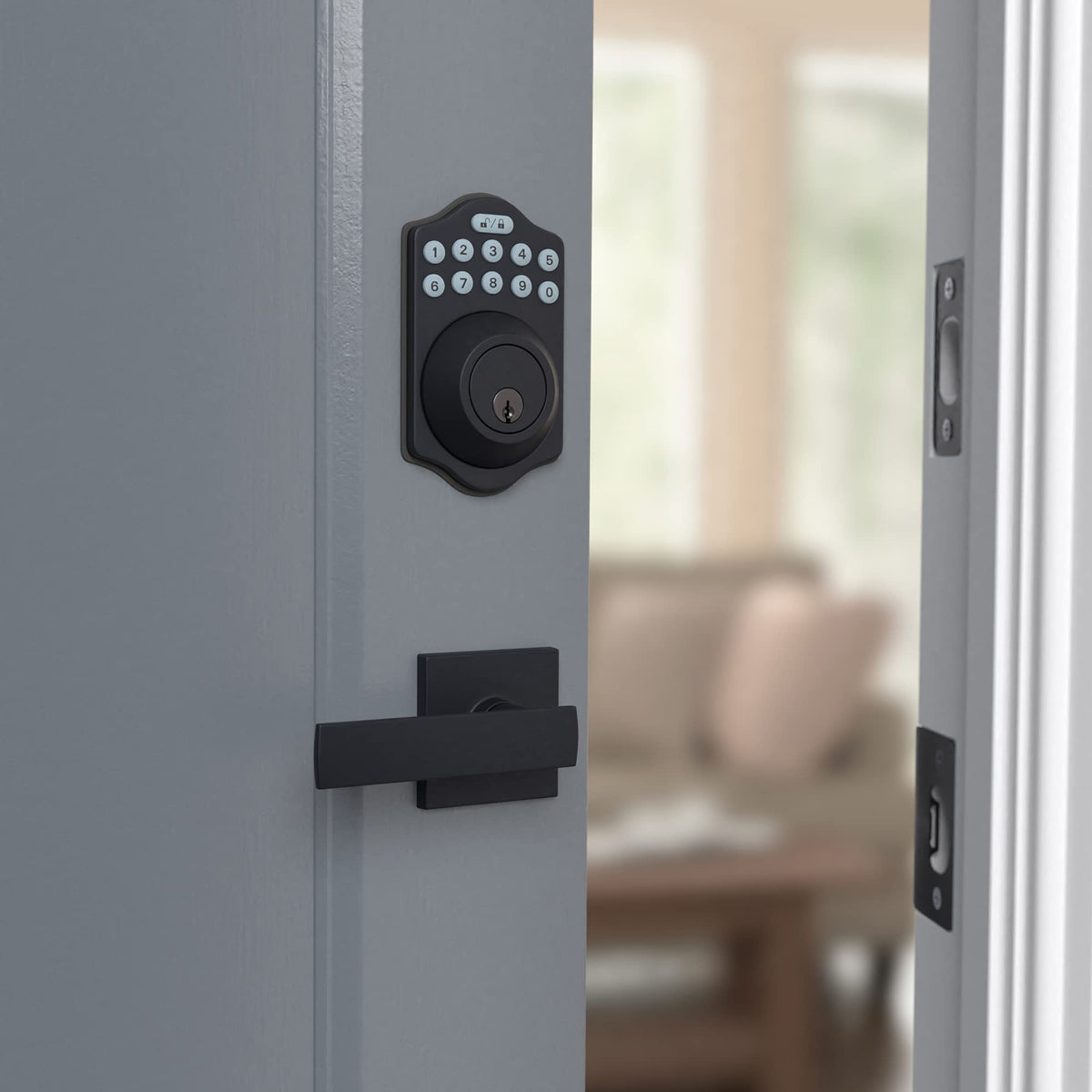 Amazon Basics Traditional Electronic Keypad, Keyless Entry Door Lock Deadbolt with Handle Set, Easy Installation, Matte Black