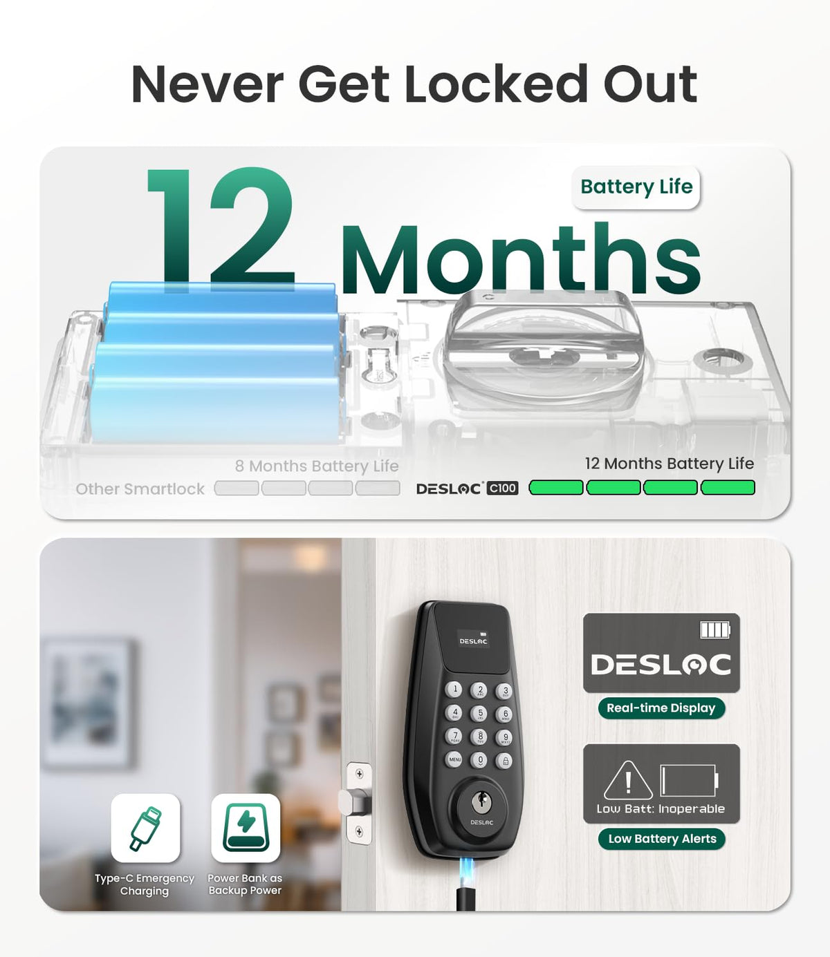 DESLOC C100 Keyless Entry Door Lock with Visual Display, Auto Lock