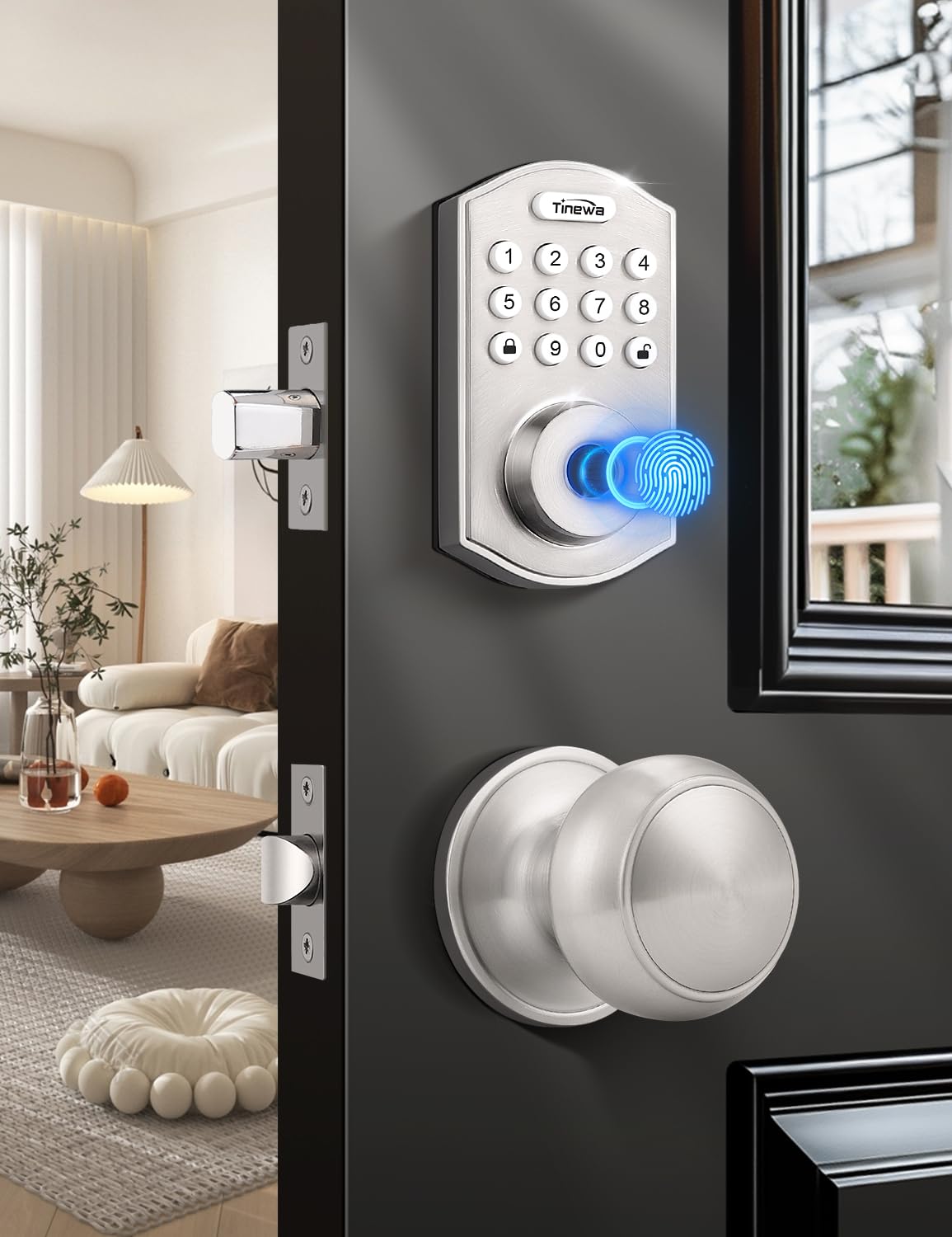 Tinewa Smart Locks for Front Door - Satin Nickel Keyless Entry Door Lock with Flat Ball Door Knobs, Electronic Digital Keypad Deadbolt with Fingerprint, APP Control, Easy Installation, Home Security