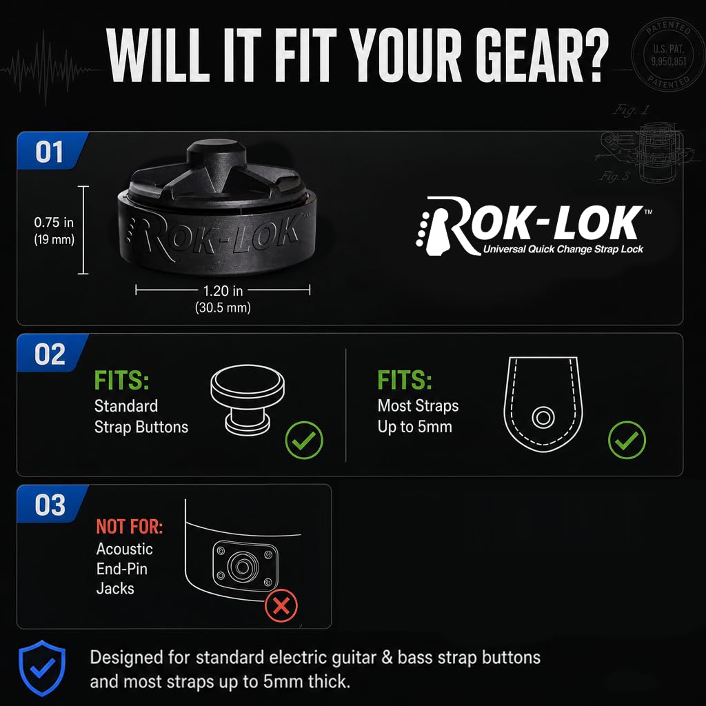 Rok Lok PRO Guitar Strap Lock - 2 Pack (Black) - No Mods Required
