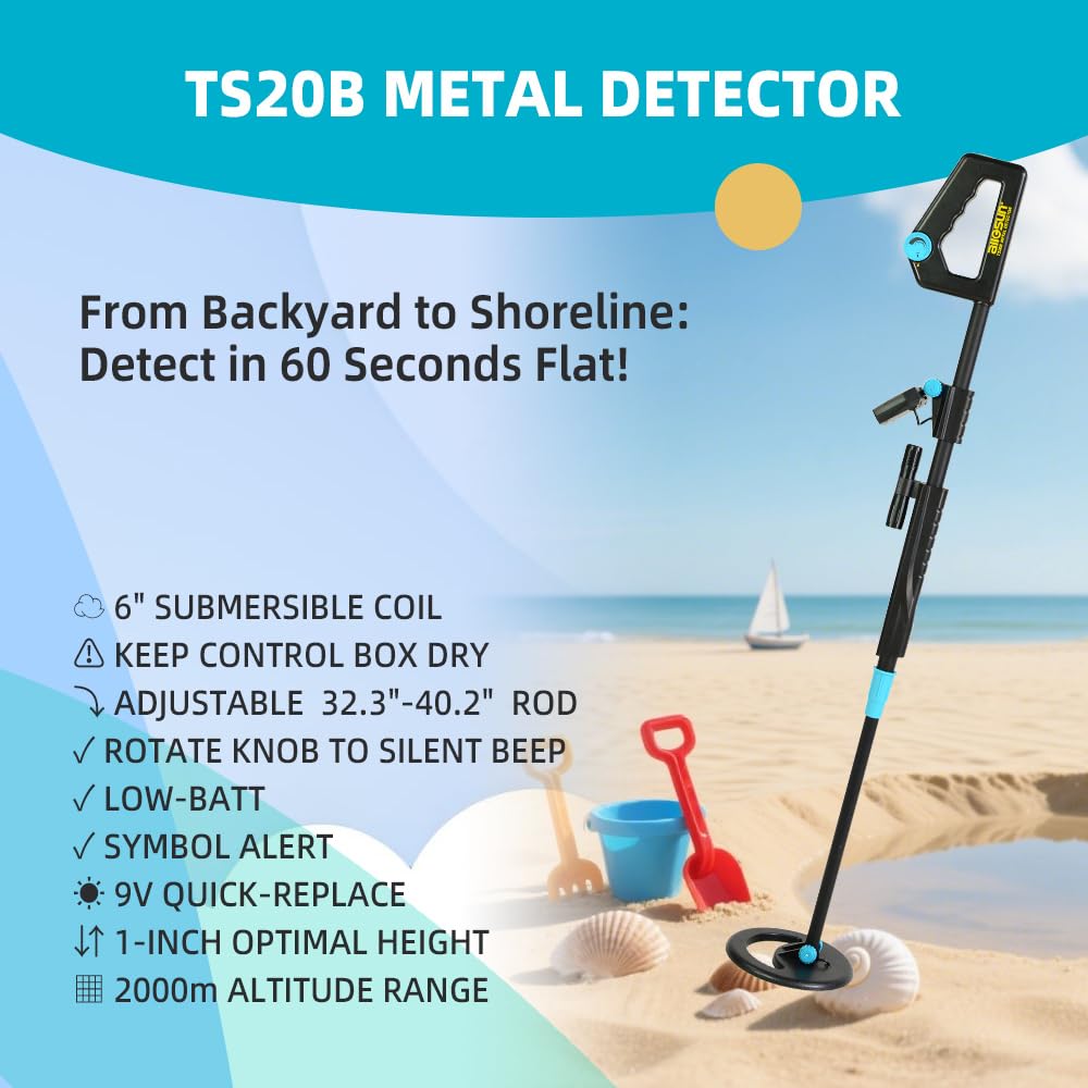 allsun Metal Detector for Adults &Beginner,High Sensitivity Gold Detector LCD Display, 6" Rainproof Search Coil, Adjustable Height,Lightweight for Beach, Park, Coin & Relic Hunting