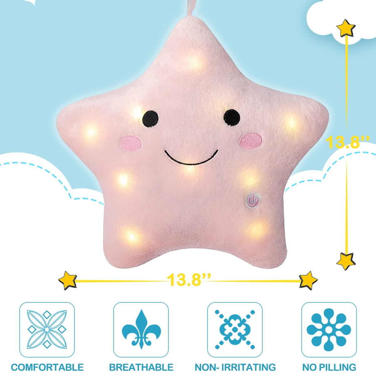 DearSun 13.8" Light Up Twinkle Star Pillow, LED Star Plush Pillow with Colorful Night Lights, Soft Glowing Stuffed Star Toy Cute Throw Pillow for Kids, Birthday Gift, Bedroom, Nursery(Pink)