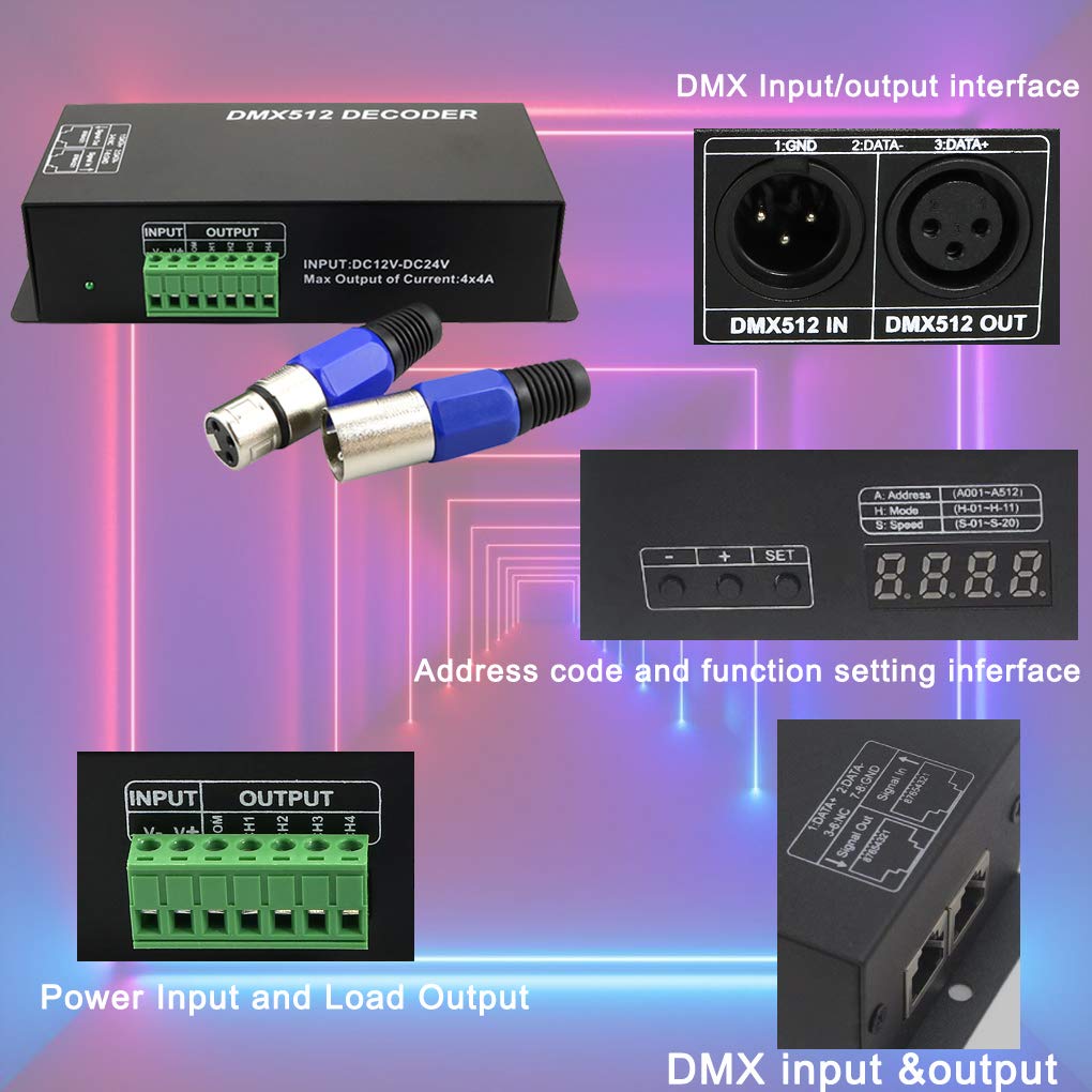 AZIMOM LED 4Channel DMX Decoder Controller with Digital Display DC5V-24V 4X4A DMX512 led Controller for RGB Tape Strip Light Decoder Dimmer