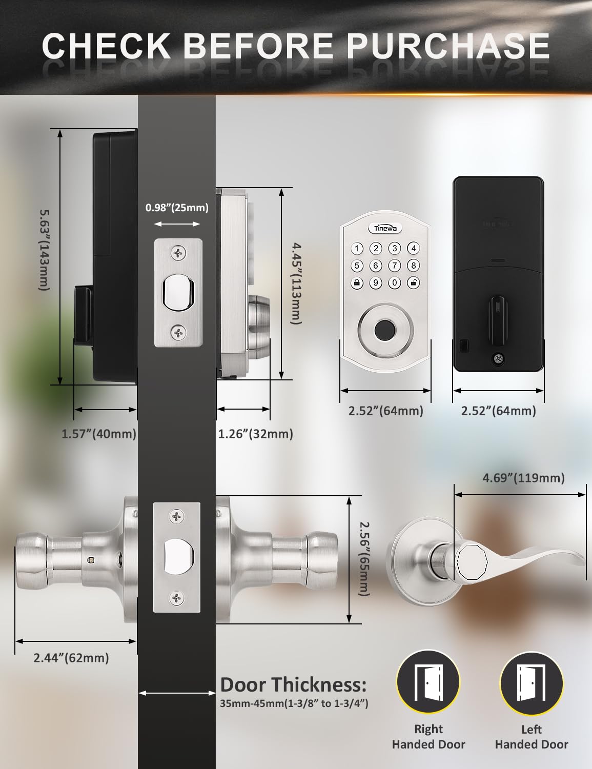 Tinewa Smart Locks for Front Door - Satin Nickel Keyless Entry Door Lock with Wave Lever Handle, Electronic Digital Keypad Deadbolt with Fingerprint, APP Control, Easy Installation, Home Security