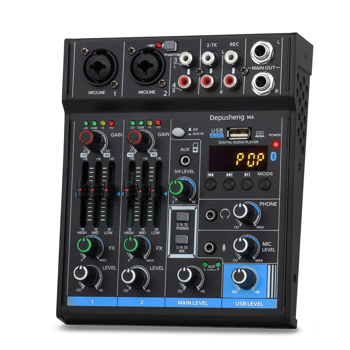 4 Channel USB Interface Mixer, DJ Sound Controller Mini Mixer Professional Digital Audio Portable Sound Mixing Console with Sound Card & Bluetooth Function for PC Recording - Depusheng M4, Black