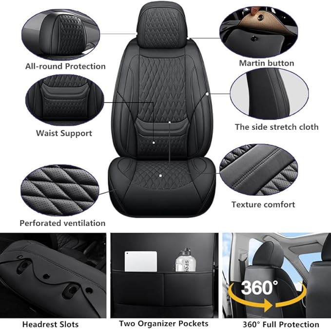 Car Seat Covers Full Set Custom Fit for Chevrolet/Chevy Malibu 2000-2026 - Premium Faux Leather with Lumbar Support | Breathable, Waterproof, Anti-Slip, Durable (Black,Full Set)