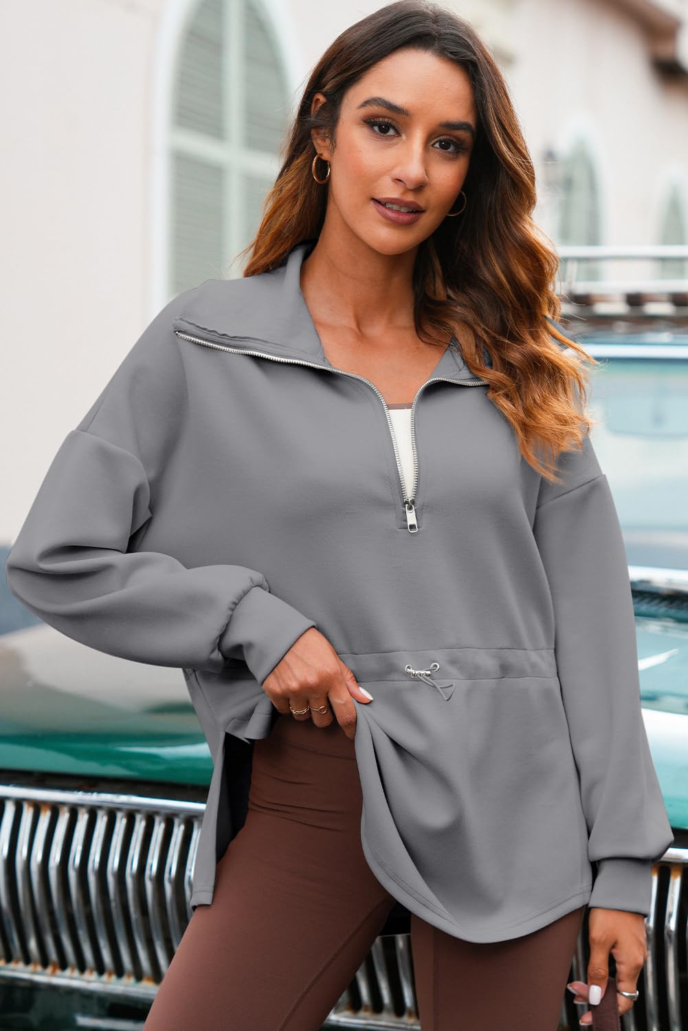 Dokotoo Women's Fashion Hoodies & Sweatshirts Winter Clothing for Women Oversized Half Zip Casual Sweatshirt Drawstring Waist Long Sleeve Thanksgiving Relaxed Fit Tops Fall Outfits 2025 Grey Large