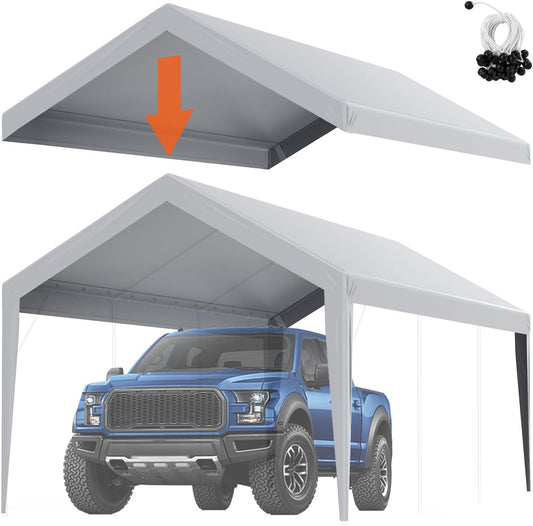 VEVOR Carport Replacement Canopy Cover 10 x 20 ft, Garage Top Tent Shelter Tarp Heavy-Duty Waterproof & UV Protected, Easy Installation with Ball Bungees,Grey (Only Top Cover, Frame Not Include)