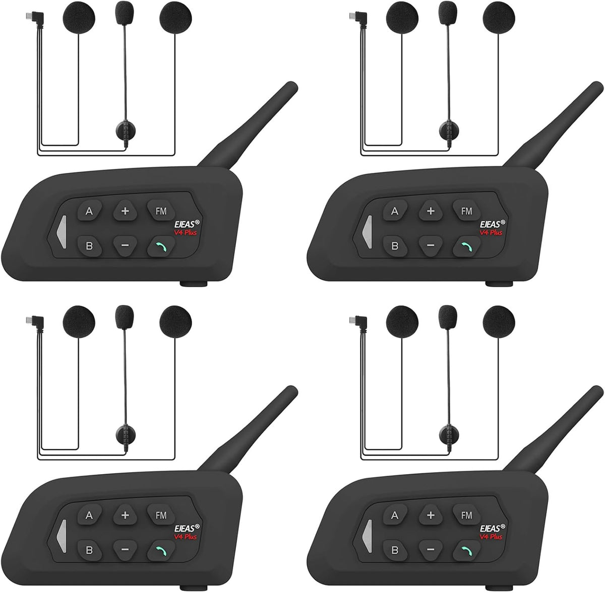 V4 Plus Motorcycle Bluetooth Helmet Intercom Headset, 4 Rides Group Communication System for Motorcycling Soccer Referees Skiing ATV/Off Road (4 Pack)