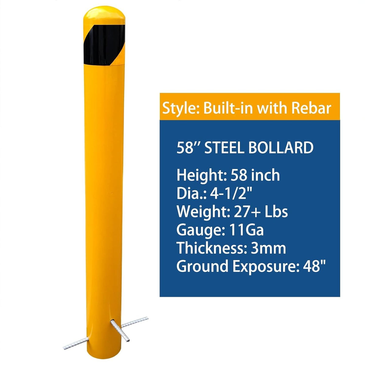 58" Pour in Place Steel Bollard Post, 4-1/2" OD Safety Bollard Yellow Powder Coat, Metal Bollard Parking, Driveway Barrier