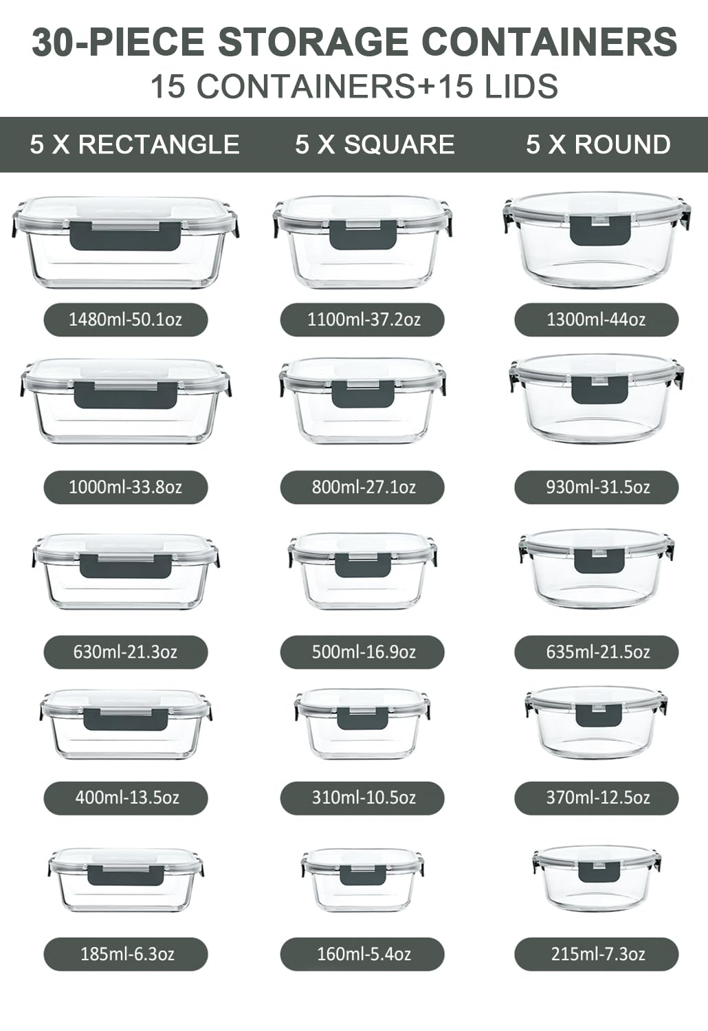 M MCIRCO 30 Piece Extra Large Glass Food Storage Containers with Lids,Gray