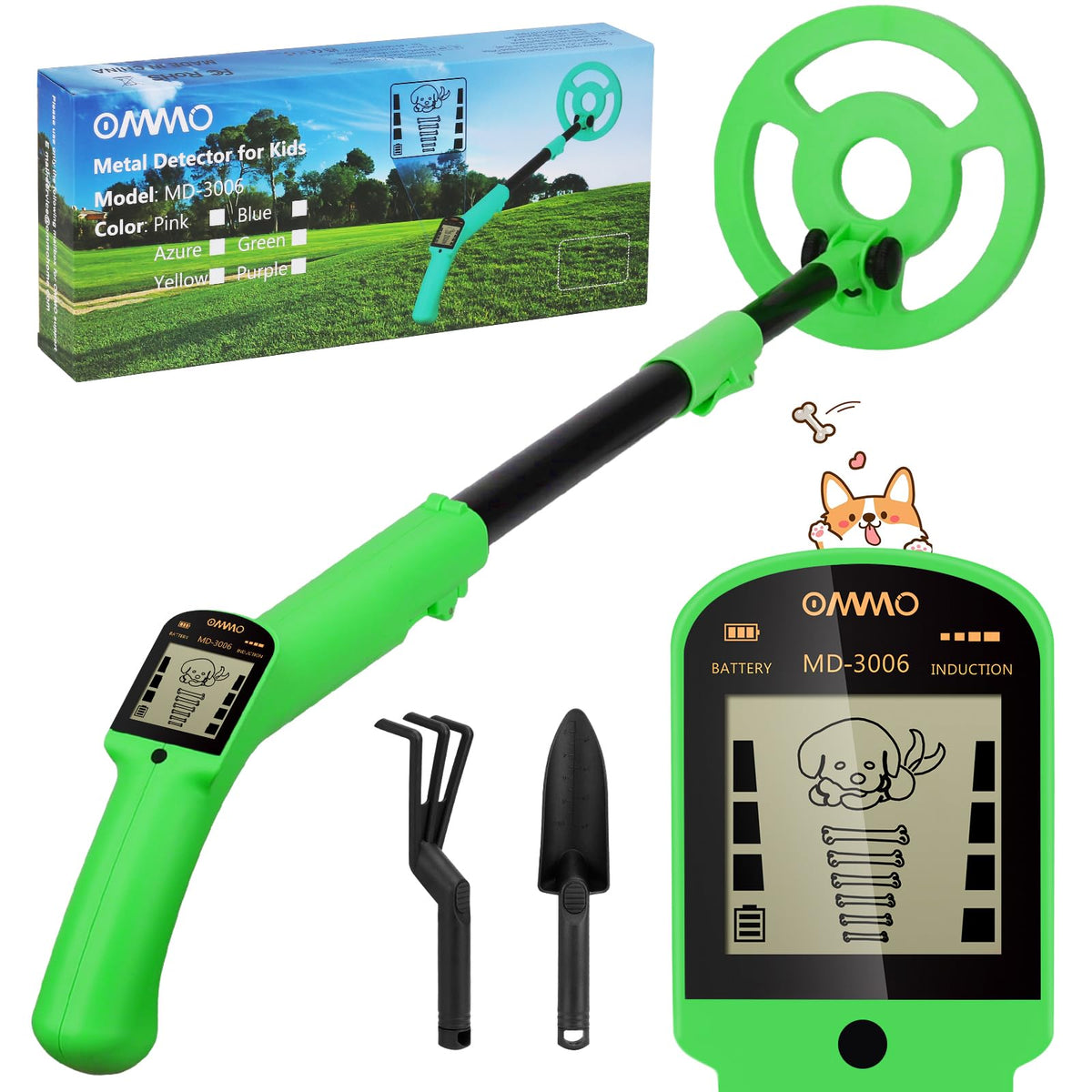 OMMO Kids Metal Detector, Adjustable 27.5"-37.8" with LCD Display (Green)