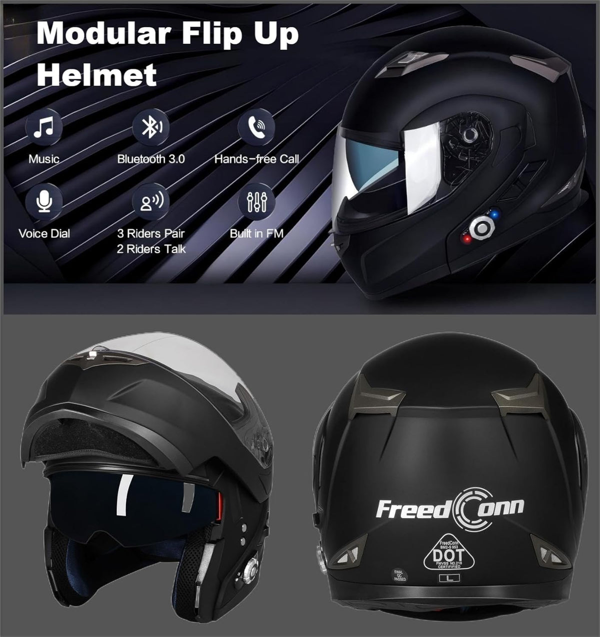 FreedConn BM2-S Bluetooth Motorcycle Helmet, Flip-Up Modular Motorbike Helmet, 500M Connectivity for 2-3 Riders, Voice Dial, Hands-Free Call, MP3, FM, DOT Certified (Large, Matte Black)