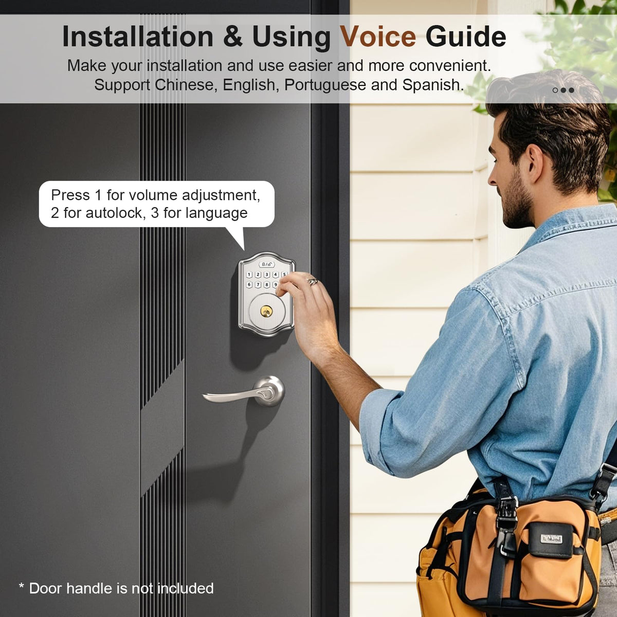 Keyless Entry Door Lock with Code, Voice Guidance Electronic Keypad Deadbolt Smart Locks for Front Door, Easy to Install, Anti-Peeping Password, Auto Lock, Satin Nickel