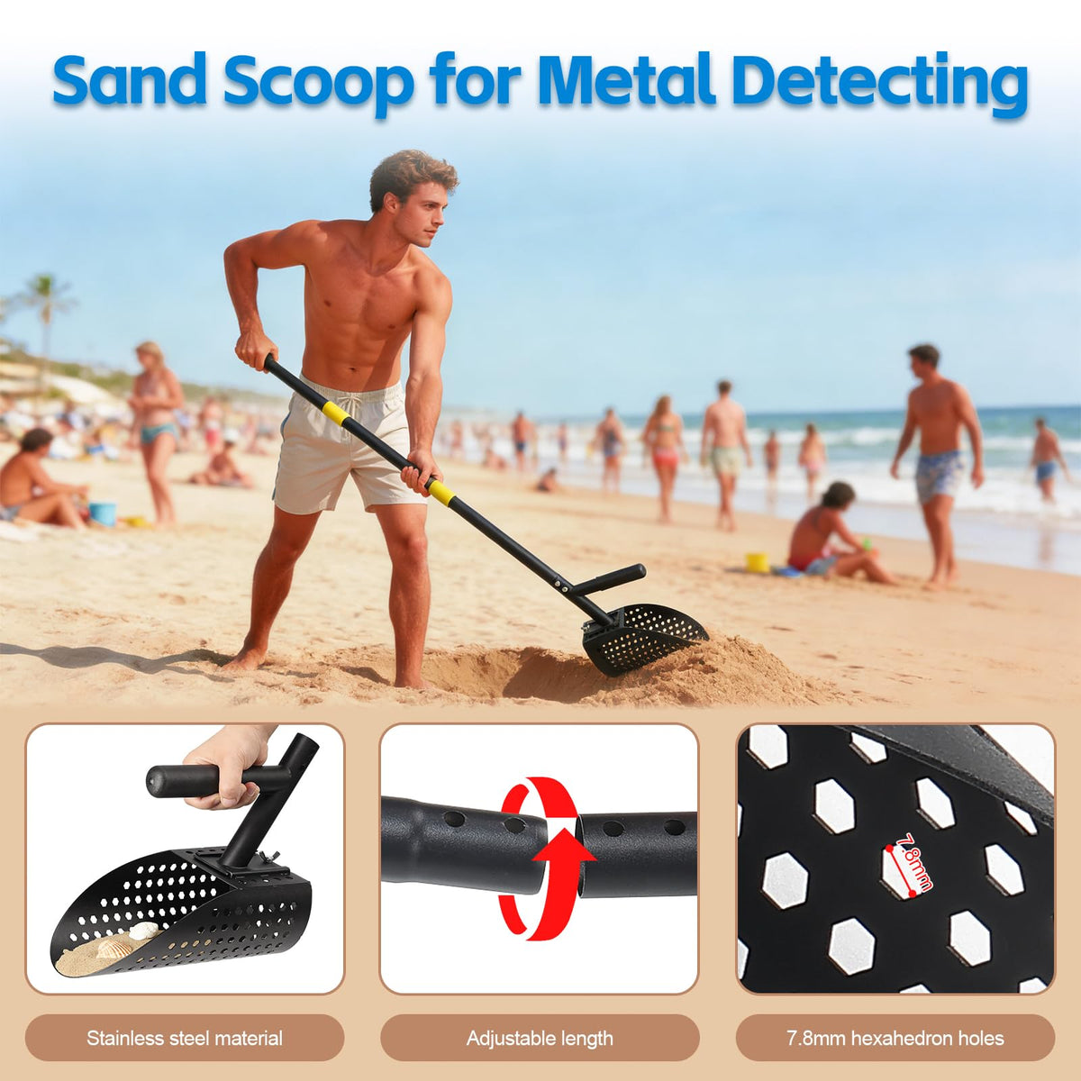 Sand Scoop for Metal Detecting, Long Handle with Shovel Metal Detector for Beach, Stainless Steel Sand Sifter Shovel for Underwater Hunting, Black