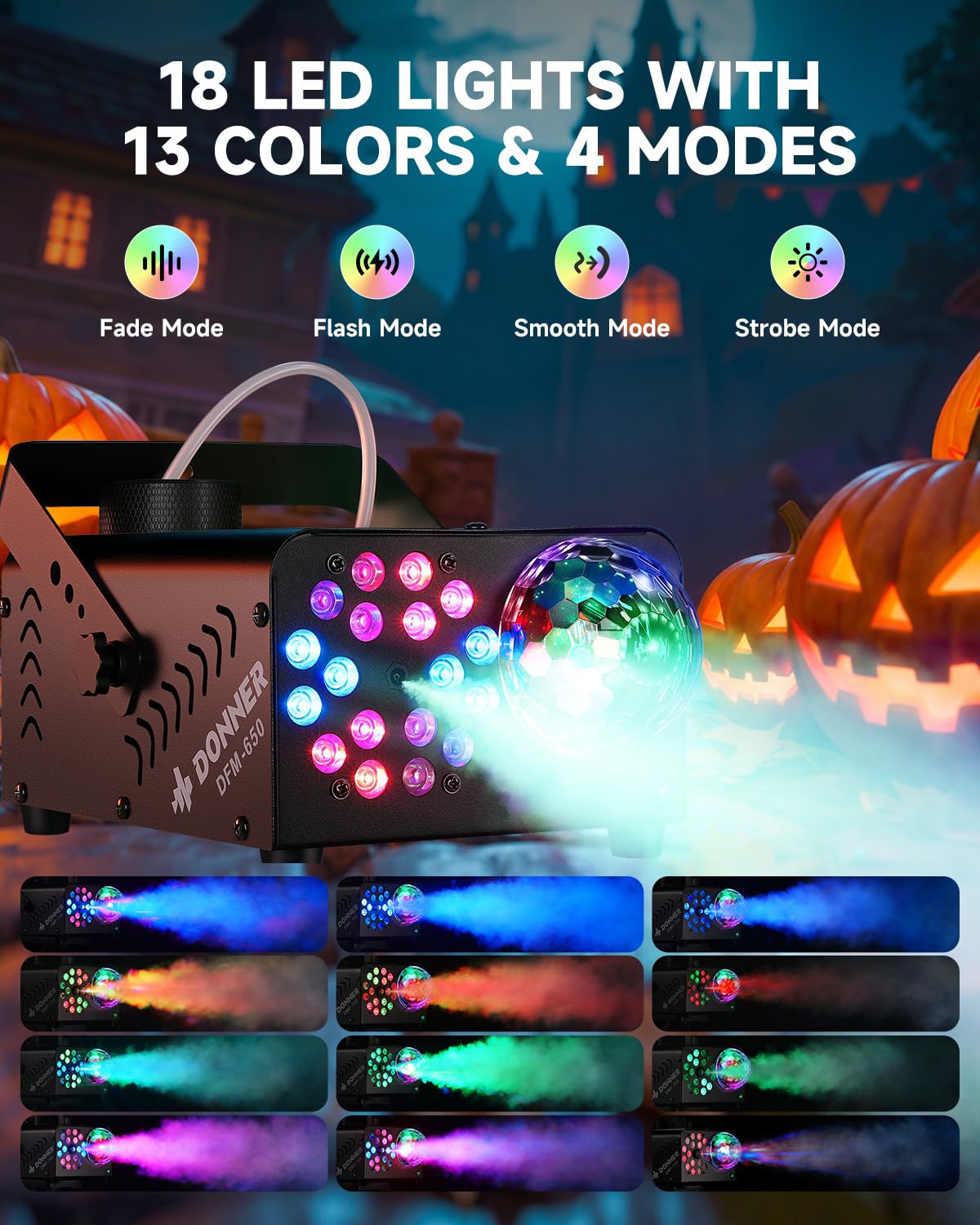 Fog Machine, Smoke Machine with Disco Ball Lights, 18 LED Beads & 13 Colors
