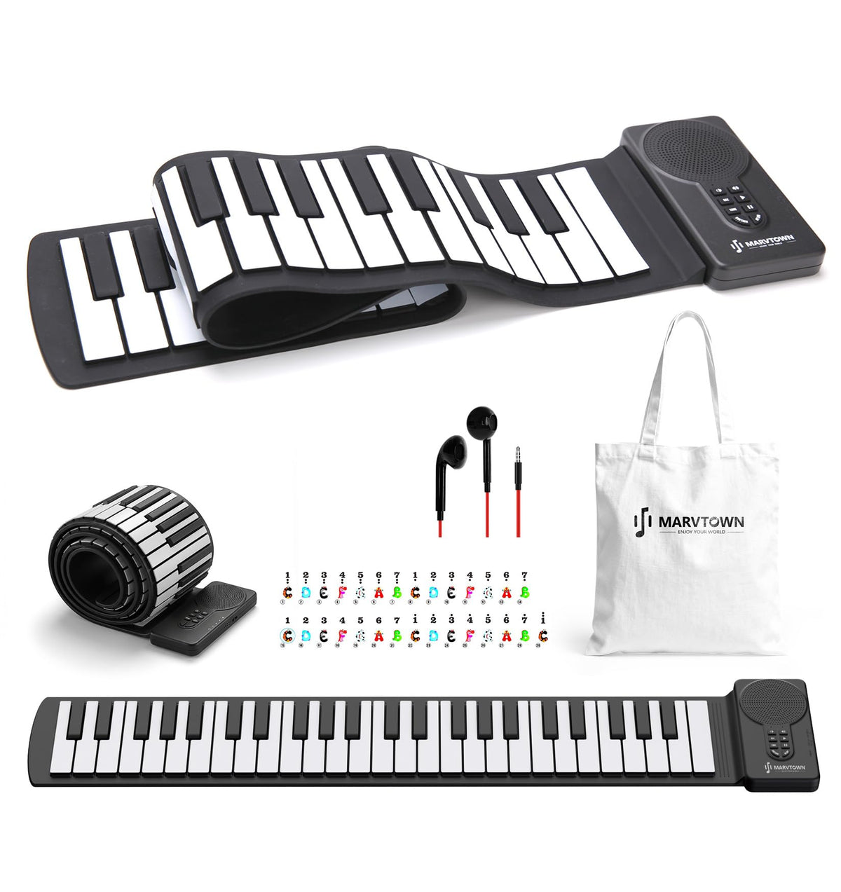 MARVTOWN 49Key Roll Up Digital Piano Keyboard,Portable Foldable Electronic Piano with speaker,earphones,8 Tones,6 Demo Songs,Rechargeable Flexible musical keyboard for Beginners&Kids(Black&White)