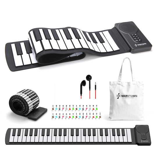 MARVTOWN 49Key Roll Up Digital Piano Keyboard,Portable Foldable Electronic Piano with speaker,earphones,8 Tones,6 Demo Songs,Rechargeable Flexible musical keyboard for Beginners&Kids(Black&White)