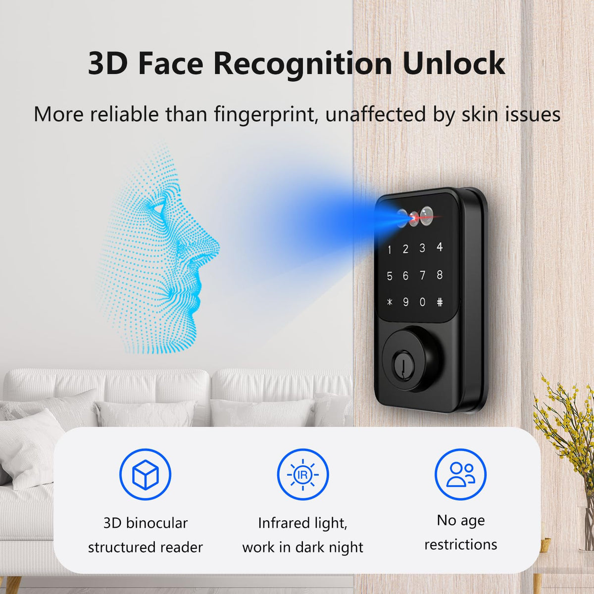 Jacchozhi 3D Face Recognition Door Lock,Keyless Entry Smart Deadbolt Lock for Front Door, Electronic Digital Keypad, Tuya App Control,One-Time Code,Auto-Lock,IP54 Waterproof