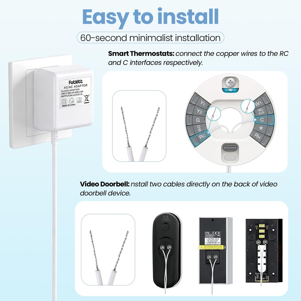 24V AC Doorbell Transformer - 6M (20ft) Long Cable C Wire Power Adapter