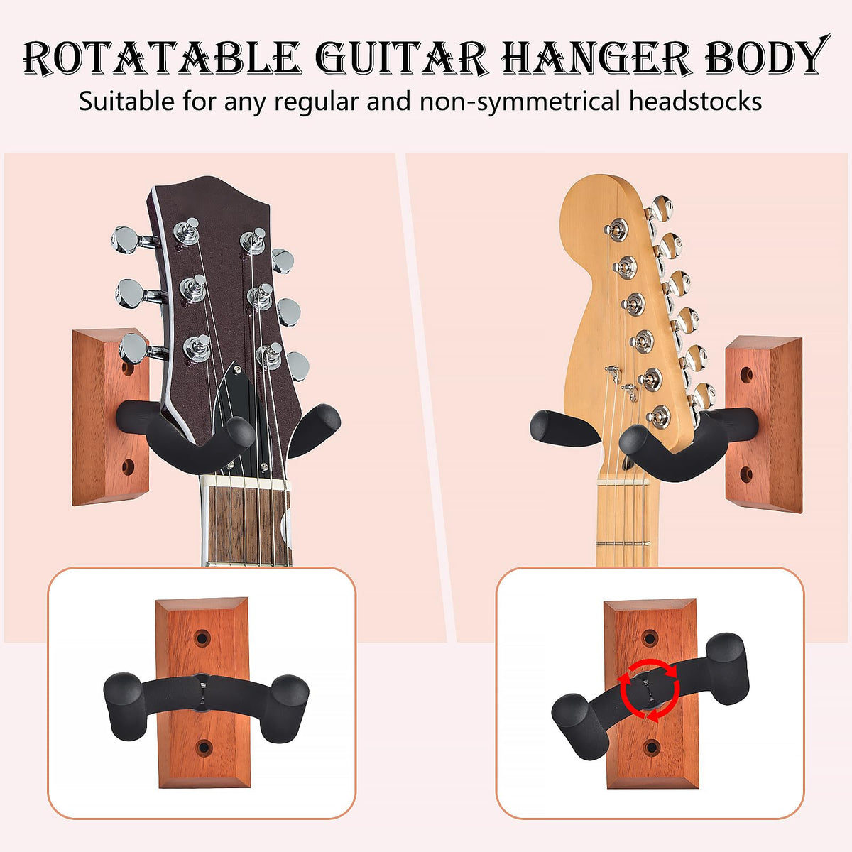 DOMMI Guitar Wall Mount 4 Pack, Guitar Hanger with Rotatable Soft Hook for All Size Guitars, Hardwood U-Shaped Guitar Holder Wall Mount for Acoustic, Electric Guitar, Bass (Mahogany)