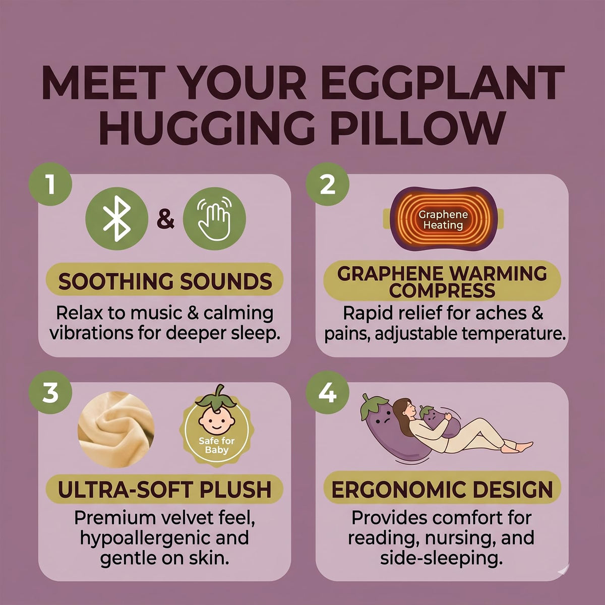 Eggplant Hugging Pillow,Eggplant Patting Pillow with RC Heat&Pat Arm+Bluetooth Voice Recording,Long Leg Hugger Sleep Cuddle Pillows,Adult Ultimate Sleeping Buddy (Tapping Model, S:27 * 7 * 7.5in)