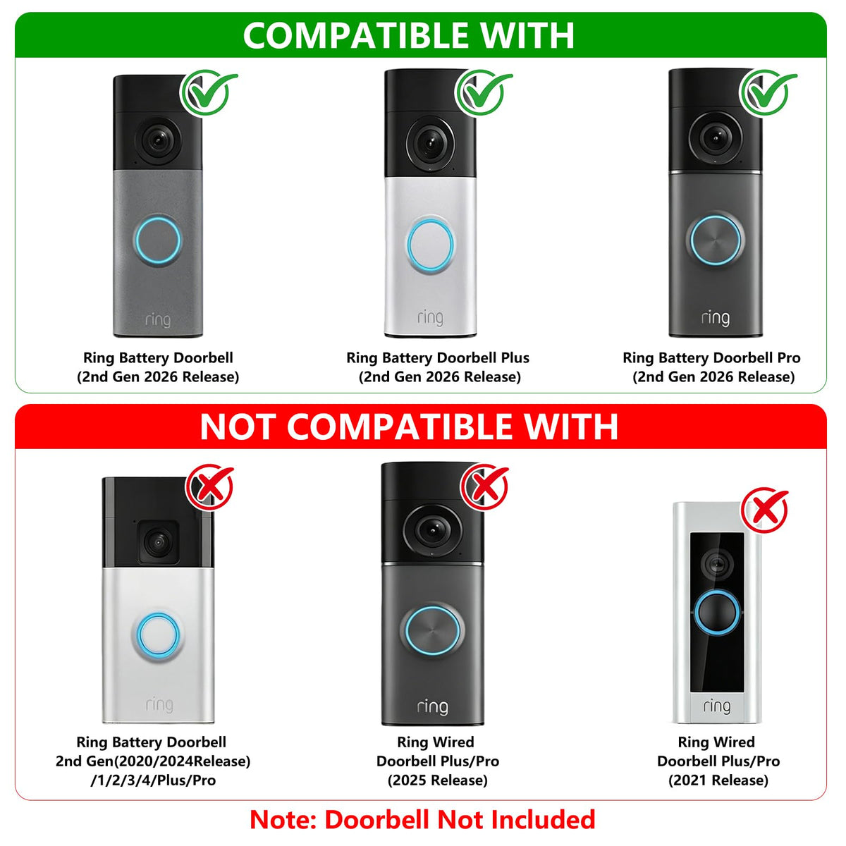 No-Drilling Anti-Theft Doorbell Mount for Ring Battery Doorbell/Plus/Pro 2nd Gen(2026 Newest Model), Doorbell Camera Mount for Apartment/Rental, Mounting Bracket Holder for Inward Swing Door, Black