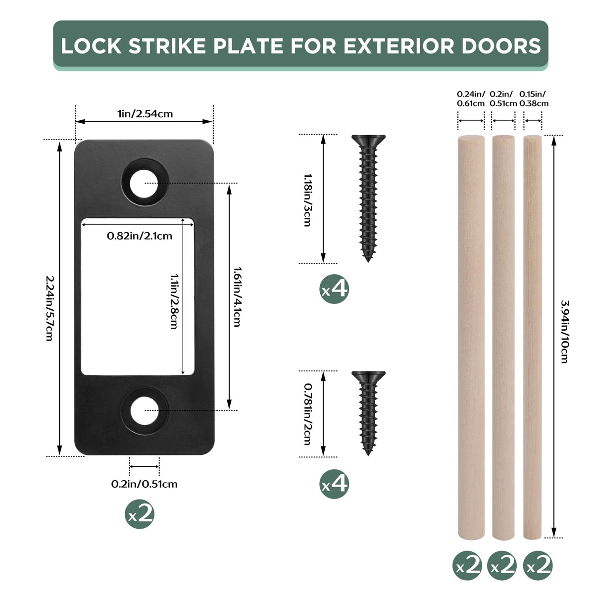 2 Pk Upgrade Large Hole Deadbolt Restorer Strike Plates, Stainless Steel Round Corner Latch Strike Plate with Wood Dowel Strips,Universal Backplate for Home Door Easy Repair Misalignment（Matte Black）