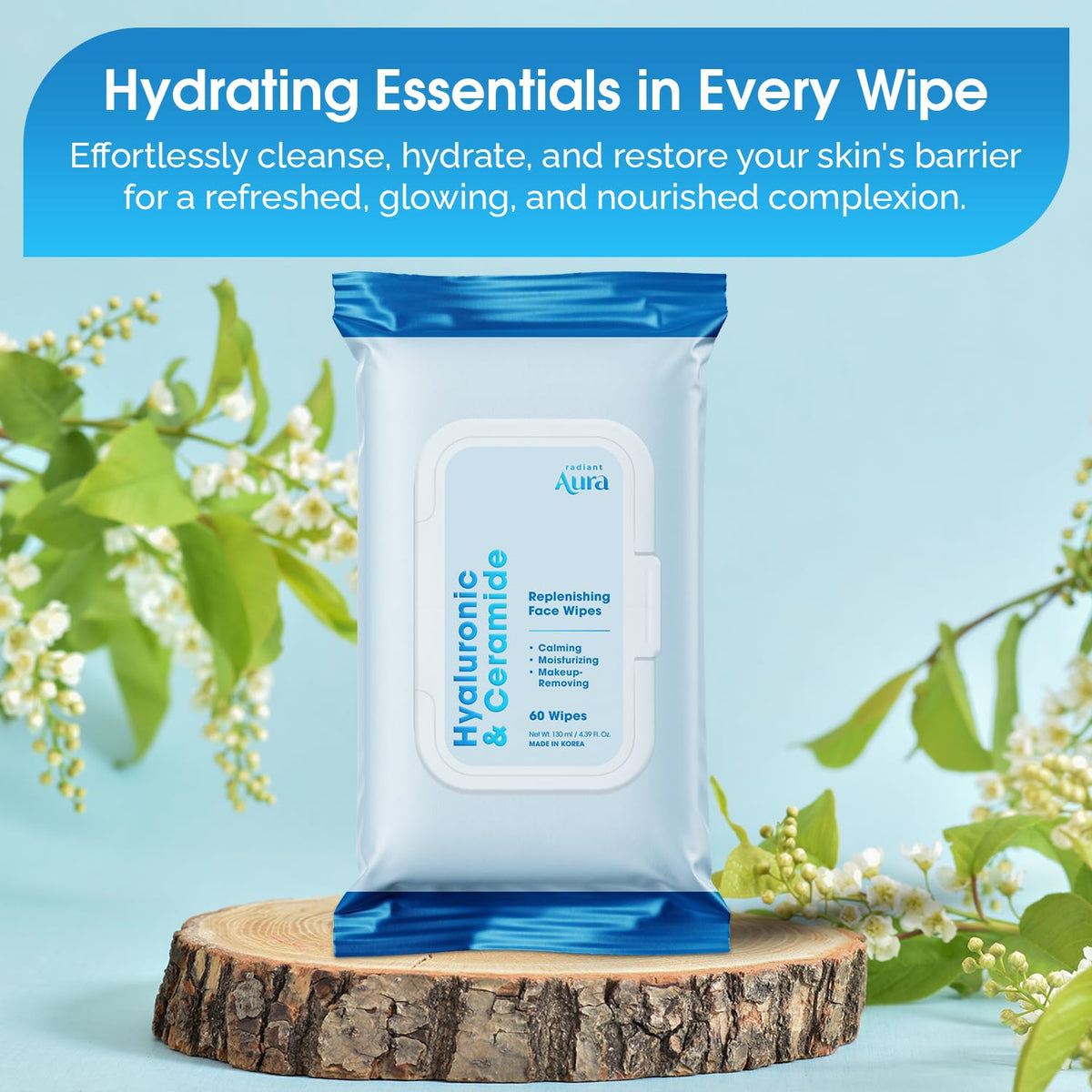 Radiant Aura Hyaluronic Acid & Ceramide Face Wipes – Dermatologist Tested, Anti-Aging, Korean Skin Care – Removes Makeup, Deep Hydration, Strengthens Skin Barrier – Vegan, Clean Beauty – 60 Count