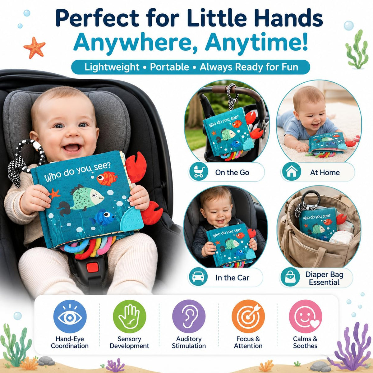 Fish Baby Books Toys, Touch Feel Cloth Crinkle Books for Babies,Baby Infant Toys 0-6, 6-12,12-18 Months,Newborn,Early Learning Education, Baby Gifts Shower for Boys Girls,Teething, Mirror,Shark Ocean