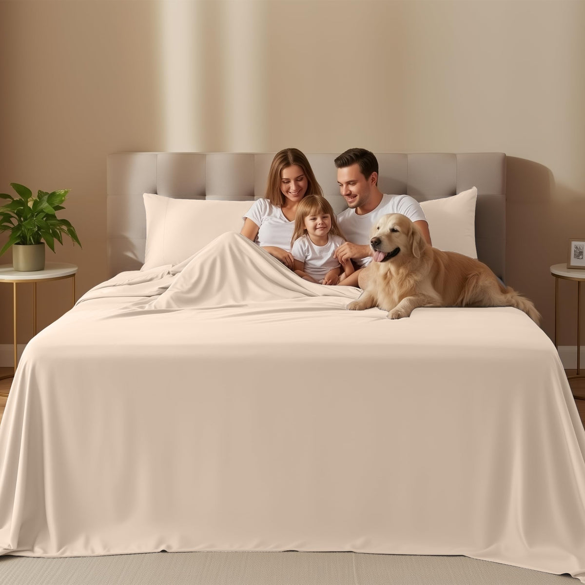 Queen Sheets Set, 4 Pieces 16" Deep Pocket Hotel Luxury Bed Sheets, Beige