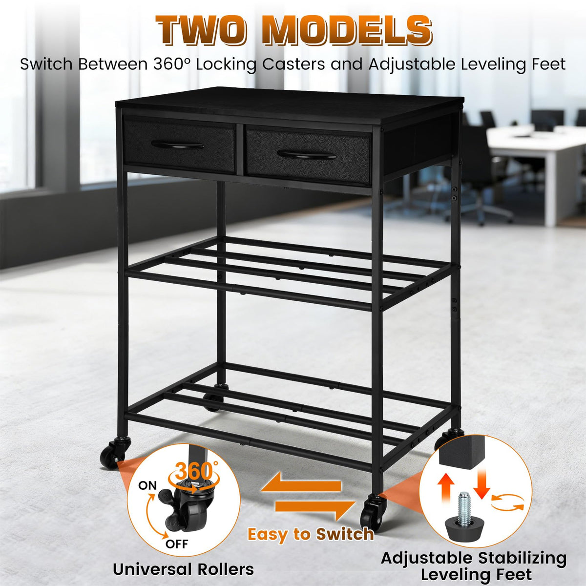 3D Printer Filament Storage Shelf with Drawers& Wheels, Black 2-Tier 3D Printer Filament Metal Stand with Storage, Adjustable Filaments Organzied Rack for Workshop Studio Office, 4 Leveling Feet