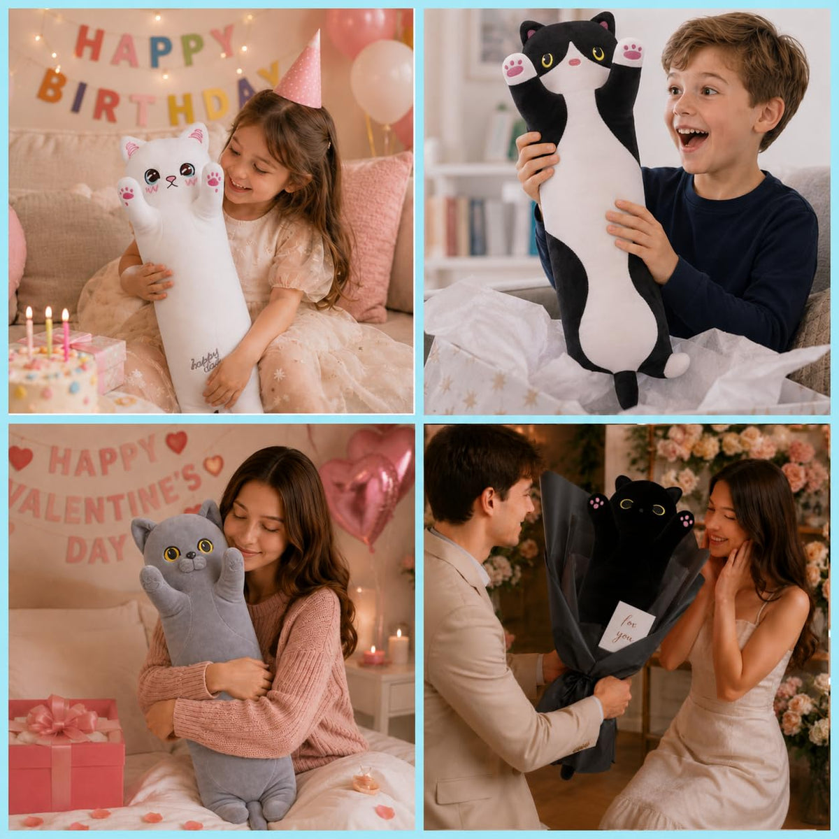 Long Cat Plush Cute Black Cat Stuffed Animals 43inch Soft Plushies Body Pillow Kitten Plush Throw Pillow Kawaii Big Plush Doll Toys Gift for Kids Girlfriend Birthday, 110cm/43.3inch