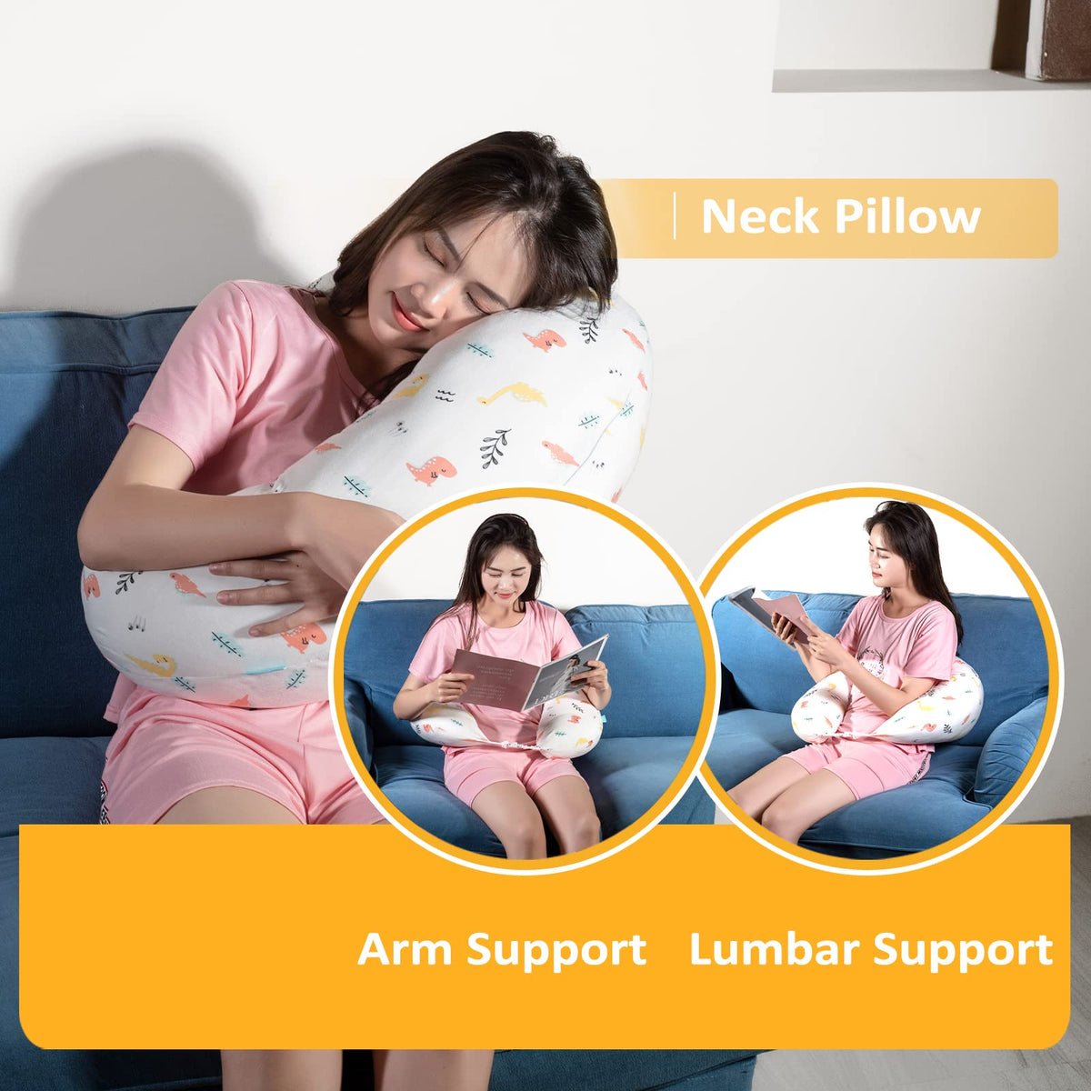 BYRIVER C Shaped Pregnancy Pillow with Cover, Knee Pillow for Side Sleeper Knees Legs Hips Pain, Leg Pillow Elevation for Lower Back Pain, Versatile Small Body Pillow for Sleeping(Dino)