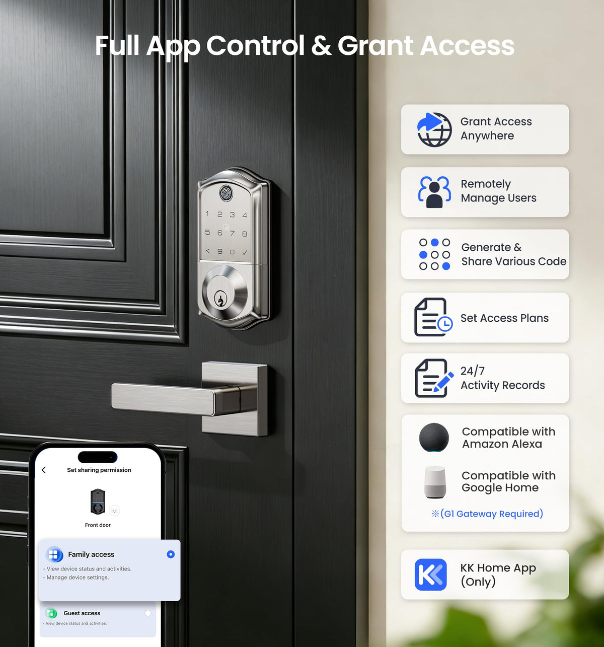Veise VE017 Fingerprint Smart Door Lock with App Control, Satin Nickel